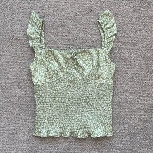 Petite Studio Sage Green Floral Ruffle Tank Top Blouse Ribbed Cottagecore Spring